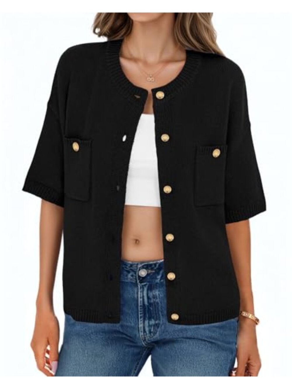 Women Short Sleeve Button Up Cardigan Loose Fit Knit Summer Sweater